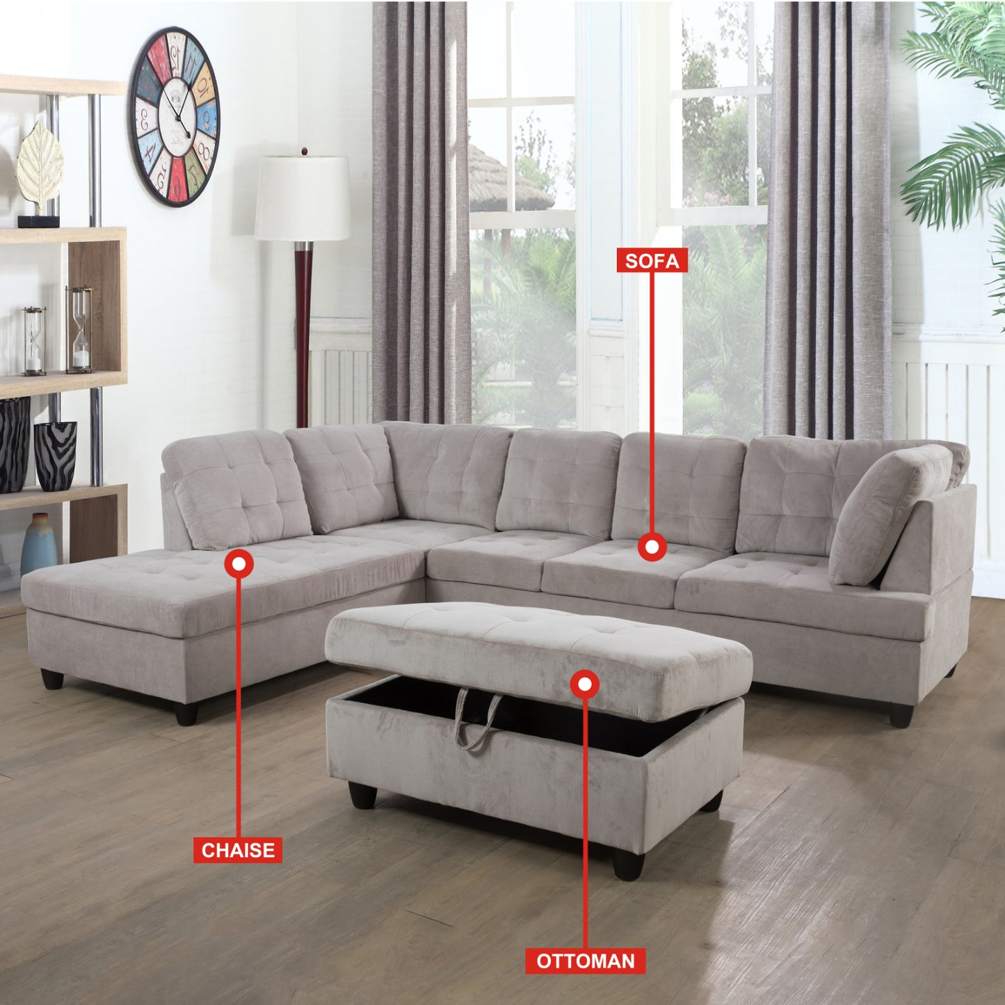 Grey White Corduroy 3-Piece Couch Living Room Sofa Set