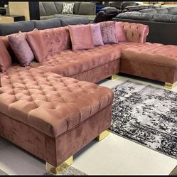 Lauren Pink Velvet Double Chaise 136" Sectional