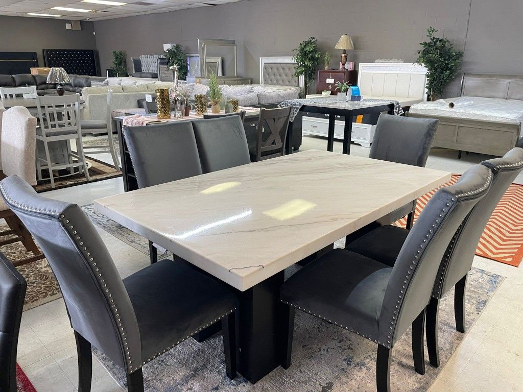 Finland Grey - (GENUINE MARBLE) Table & 6-Chairs