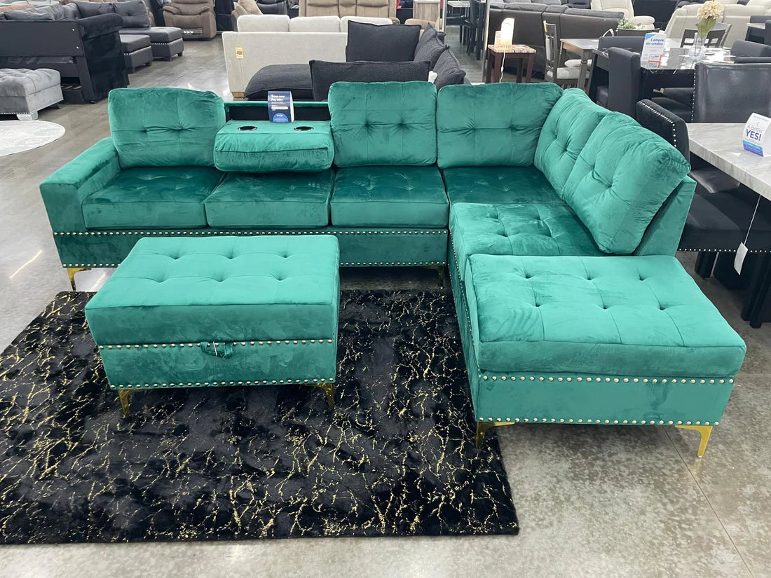 Anserra Green Reversible Sectional + Ottoman Set