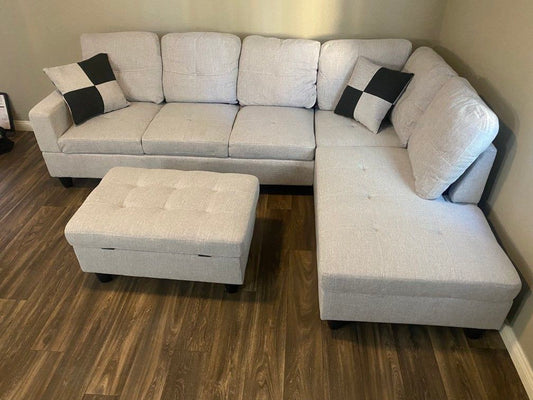 Sectional Sofa Light Grey White W/ Ottoman (Left Chaise)