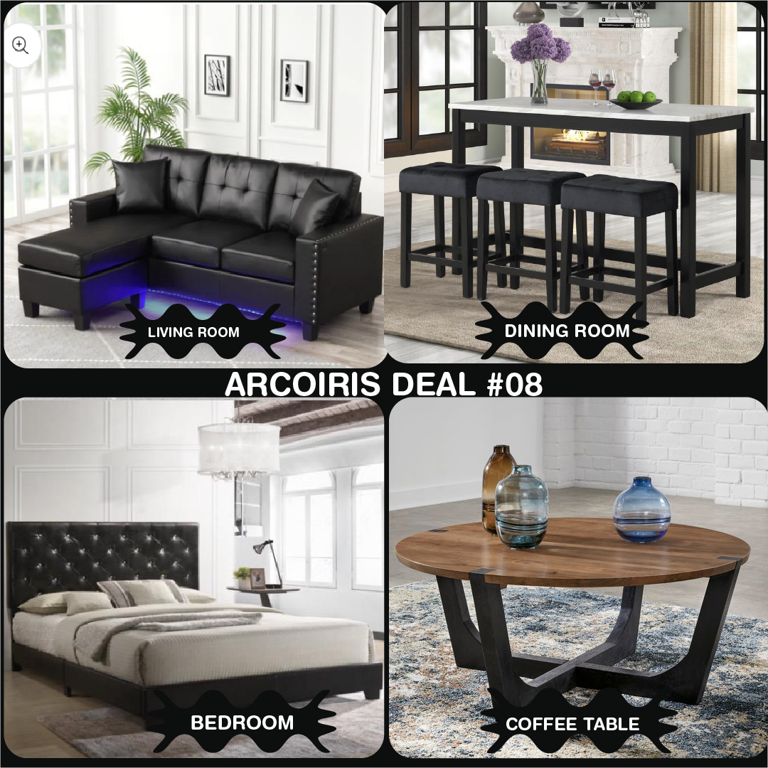 Reversible Sectional + Dining Table + 3 Chair Set + Cocktail Table + Black Platform bed