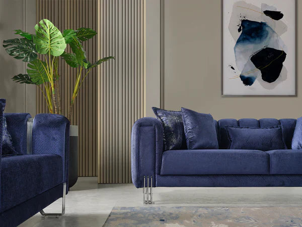 New Santana Navy Velvet Sofa & Loveseat