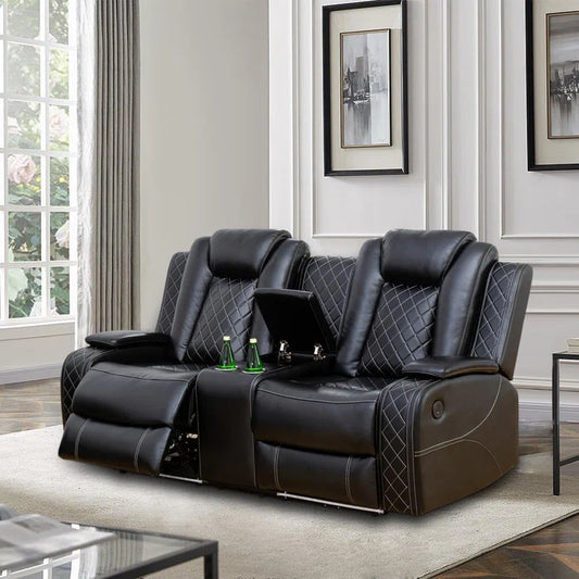 Black Breathing Leather Living Room Sectional Recliner Loveseat