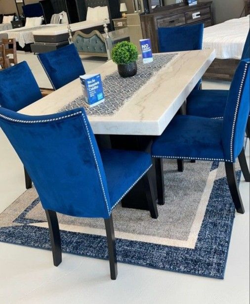 Finland Blue - (GENUINE MARBLE) Table & 6-Chairs