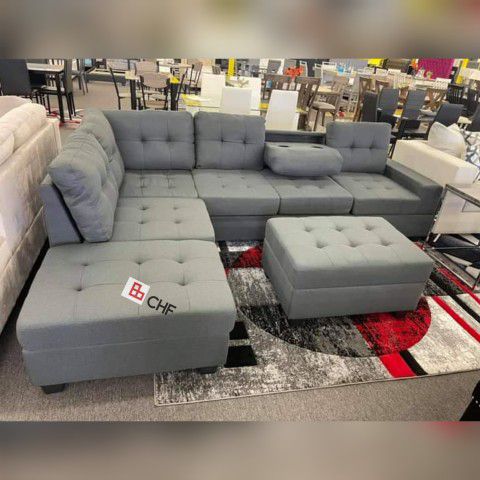 3-Piece Reversible Sectional with Drop-Down Cup Holders and Storage Ottoman